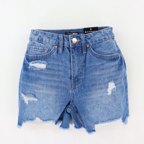 Fashion Nova Cut-Off‎ Jean Shorts Junior Womens 5 Blue Distressed Stretch Denim - Picture 1 of 9